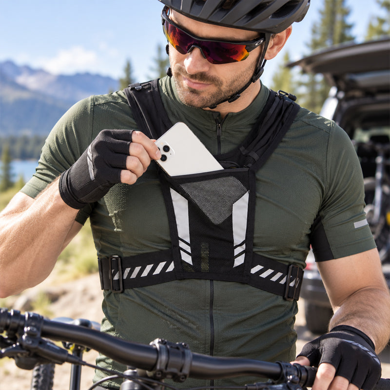 🏃 Gilet de course mains libres — Rangement pour bouteille d'eau et téléphone, et éléments réfléchissants pour plus de sécurité