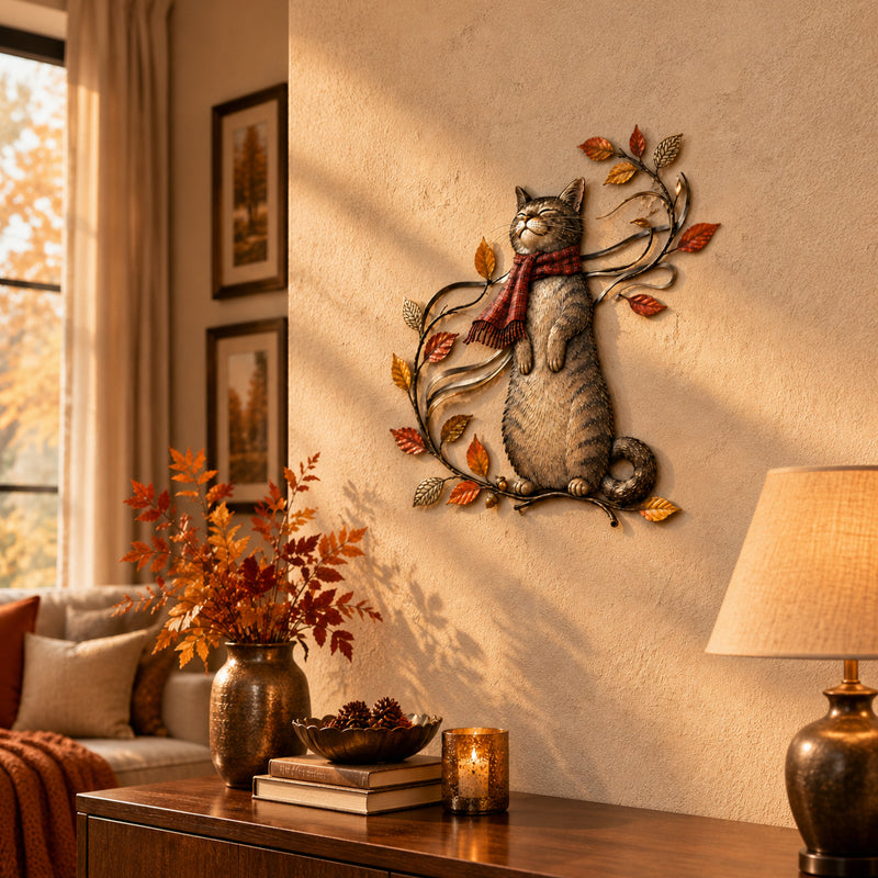 🍁Décoration murale en métal « Chat d'automne »🐱