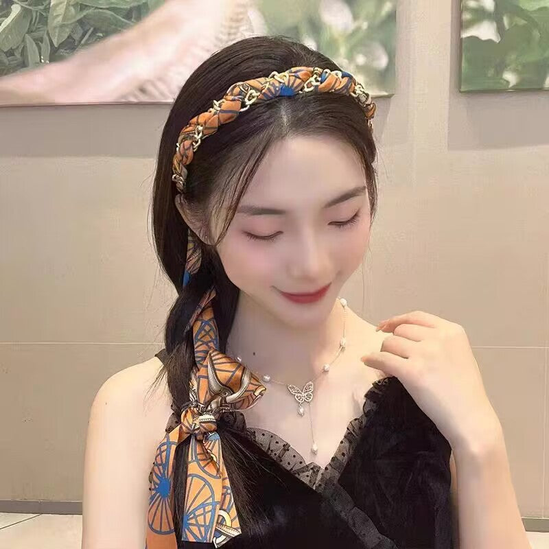Nouveau bandeau en tissu – accessoire pour cheveux de style ethnique avec une chaîne tressée et un ruban ondulé
