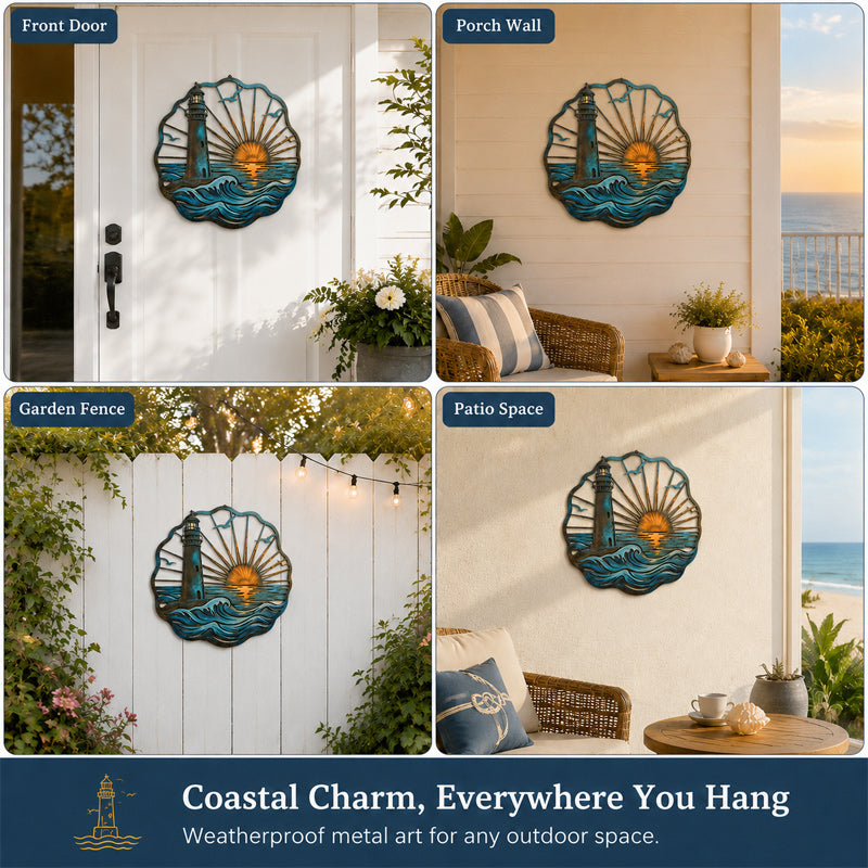 🌅 Fresque murale « Golden Harbour Lighthouse » – Décoration murale vintage en métal, style côtier⚓