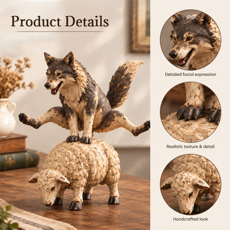 🐺Figurine amusante représentant un loup chevauchant un mouton🐑 | Statue d'animal de style rustique et champêtre