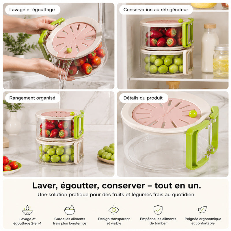 Panier de drainage télescopique multifonctionnel 2-en-1 pour fruits et légumes