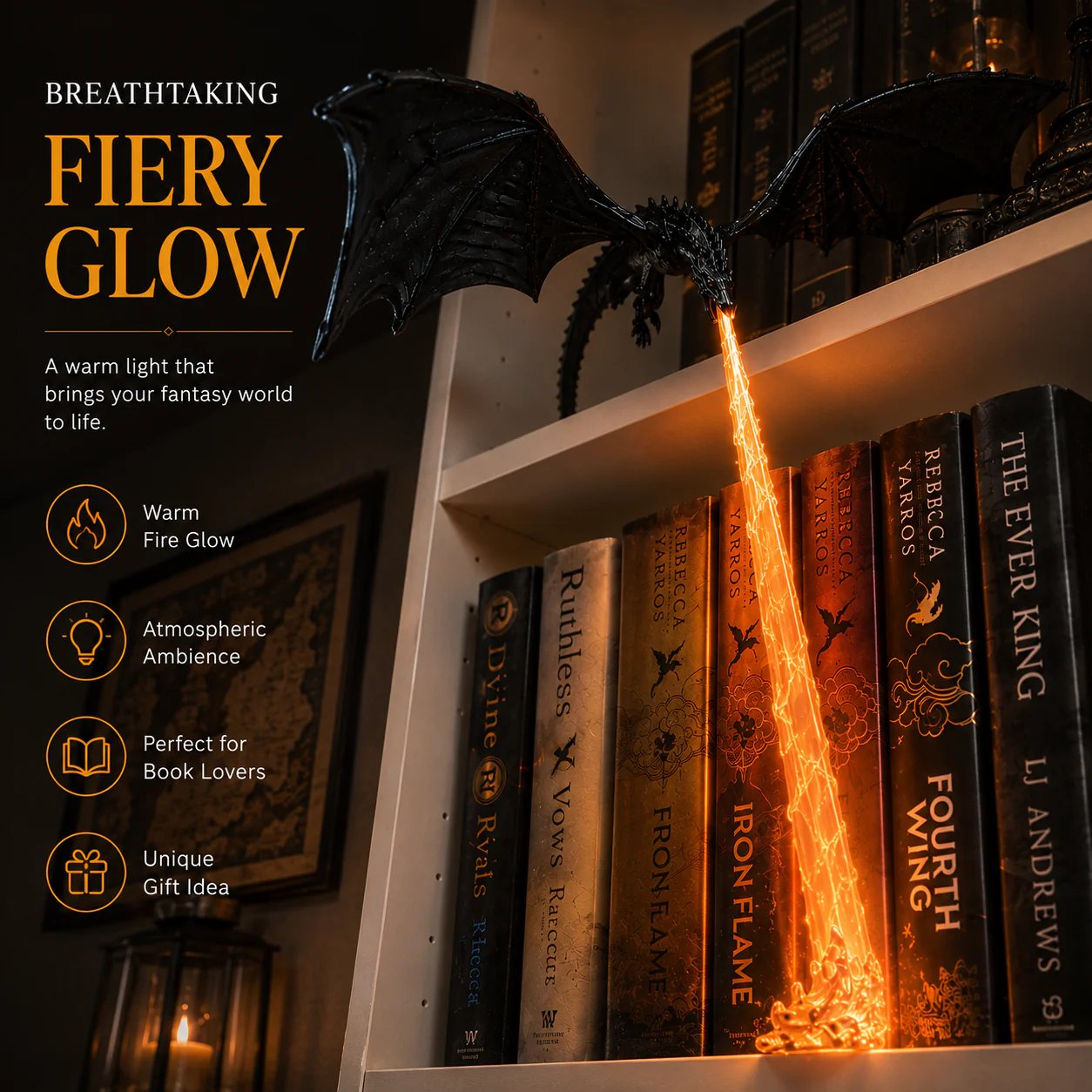 🐉Lampe décorative en forme de dragon cracheur de feu pour étagère + kit d'éclairage LED « flammes »