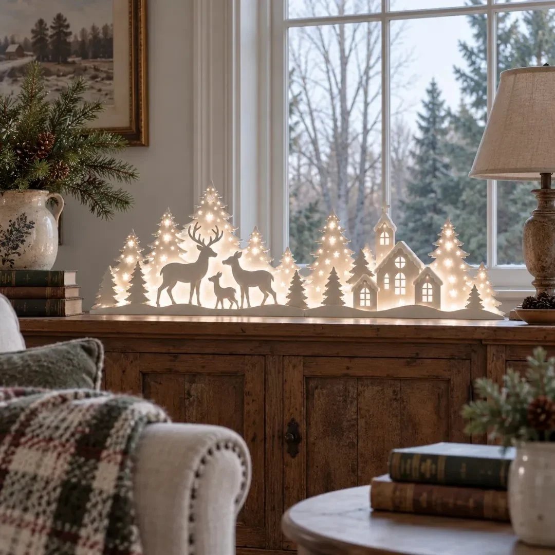 🦌 Décorations de Noël lumineuses pour la fenêtre – rennes et village | Lot de 2 décorations LED ✨