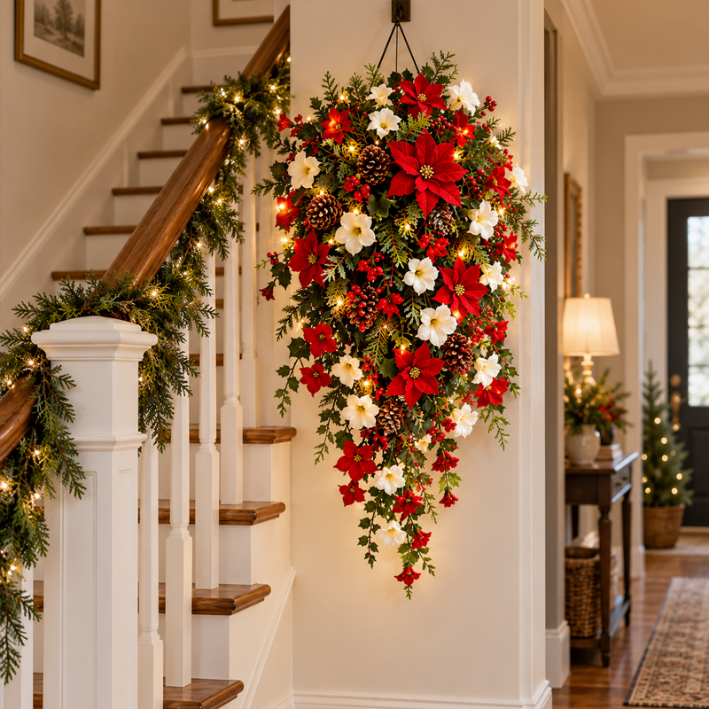🎄Couronne de Noël en cascade — Lumières chaleureuses, fleurs rouges et blanches, un point de mire immédiat