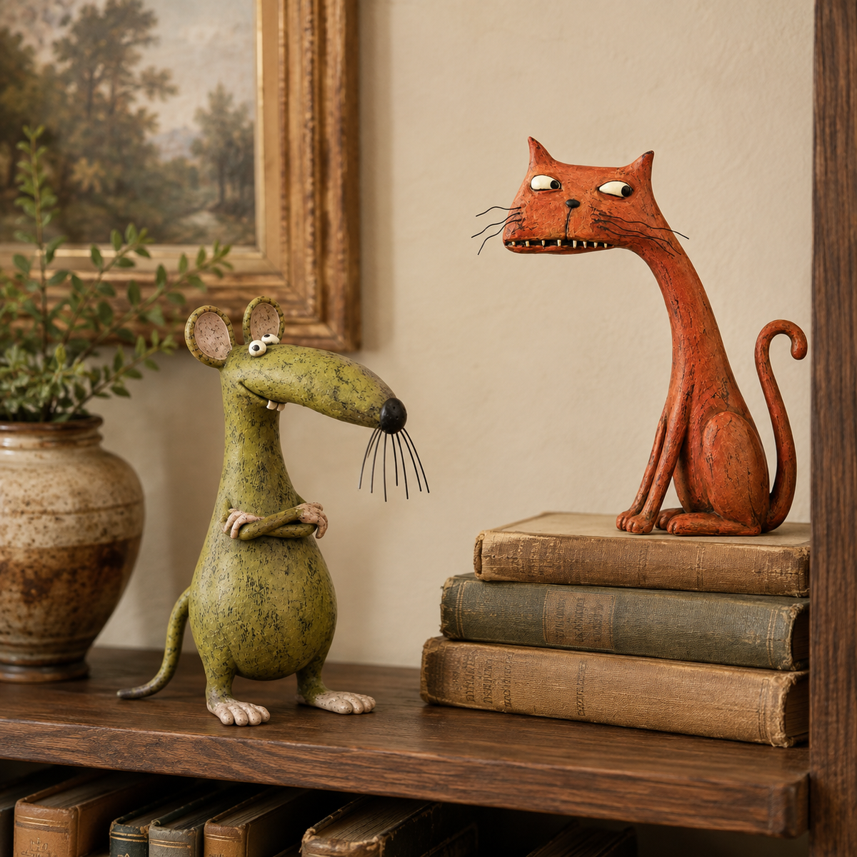 Figurine vintage fantaisiste représentant une souris et un chat