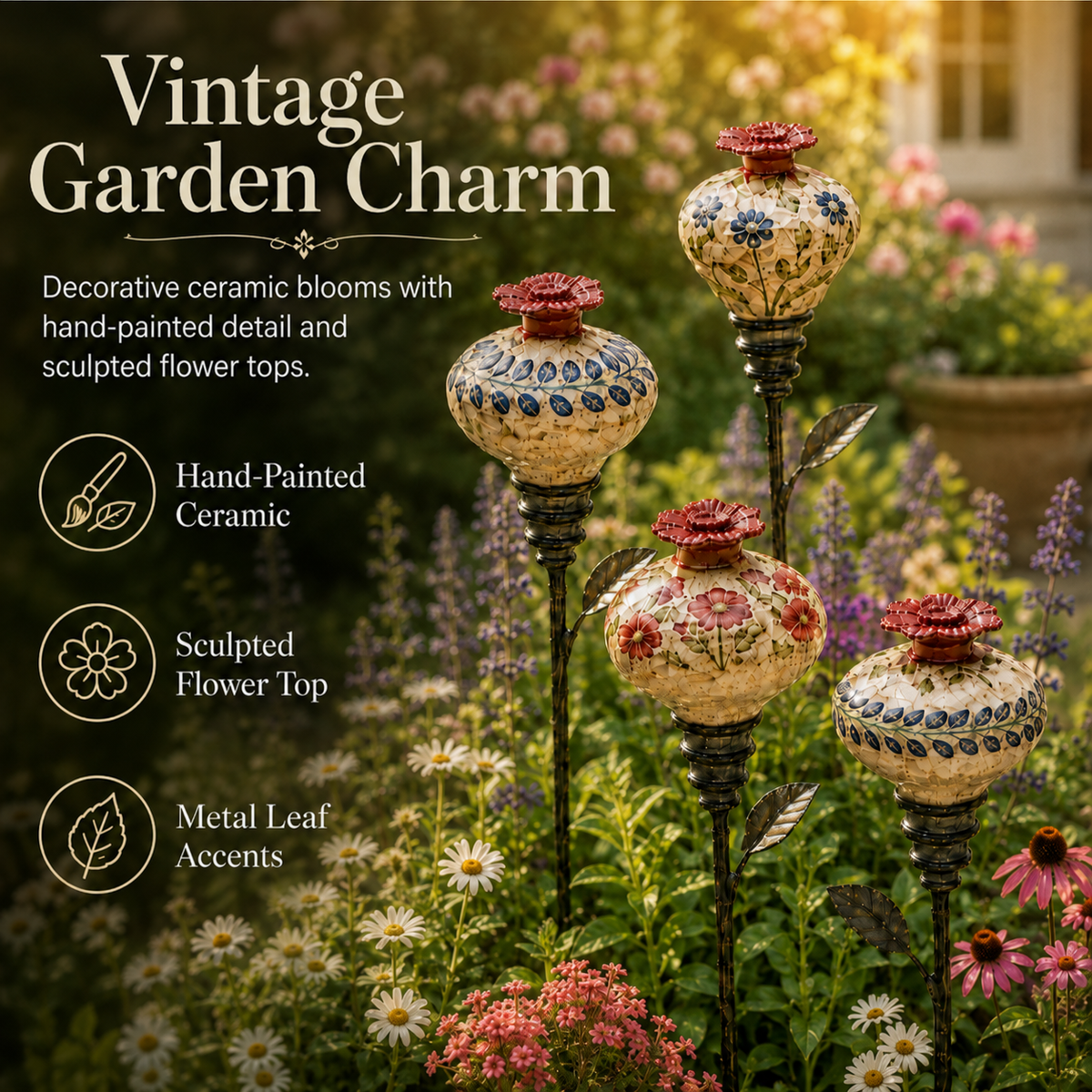 Piquet de jardin vintage en céramique avec mangeoire pour colibris