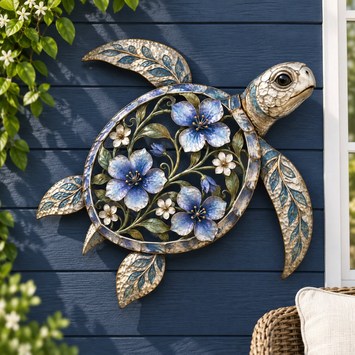 🐢 Sculpture murale « Tortue de mer » — Œuvre d'art côtier à motifs floraux émaillée, avec des écailles en métal texturé | Décoration sur le thème de l'océan pour l'intérieur et l'extérieur : véranda, terrasse et jardin