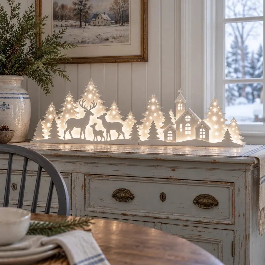 🦌 Décorations de Noël lumineuses pour la fenêtre – rennes et village | Lot de 2 décorations LED ✨
