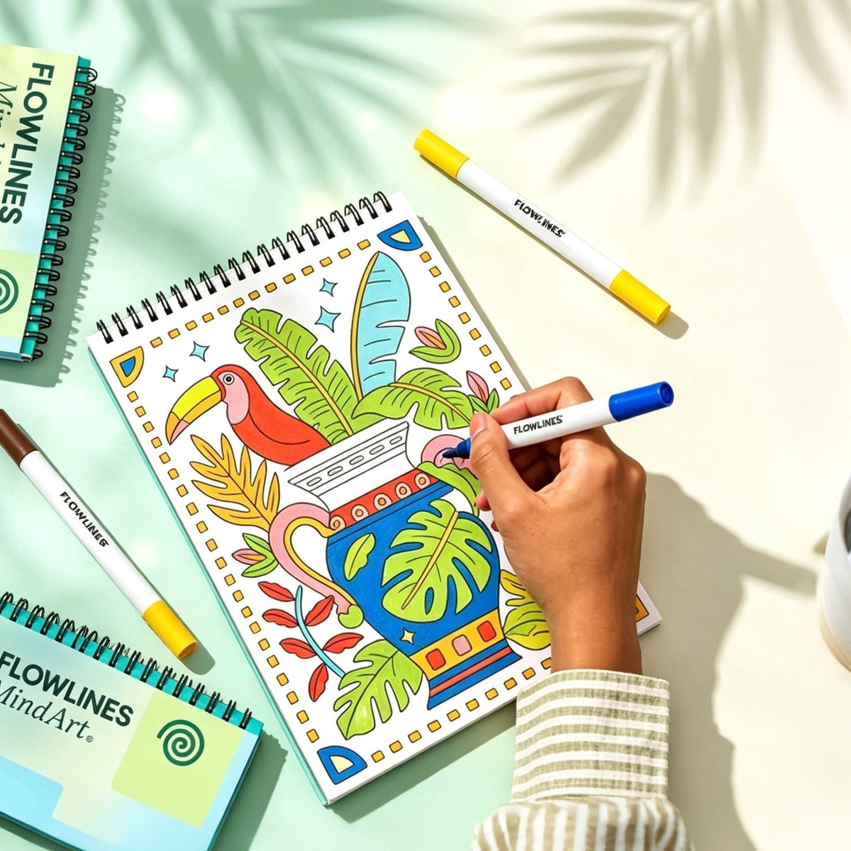 🌿  Cahier de coloriage « Flow Art » avec instructions et feutres double face 🎨