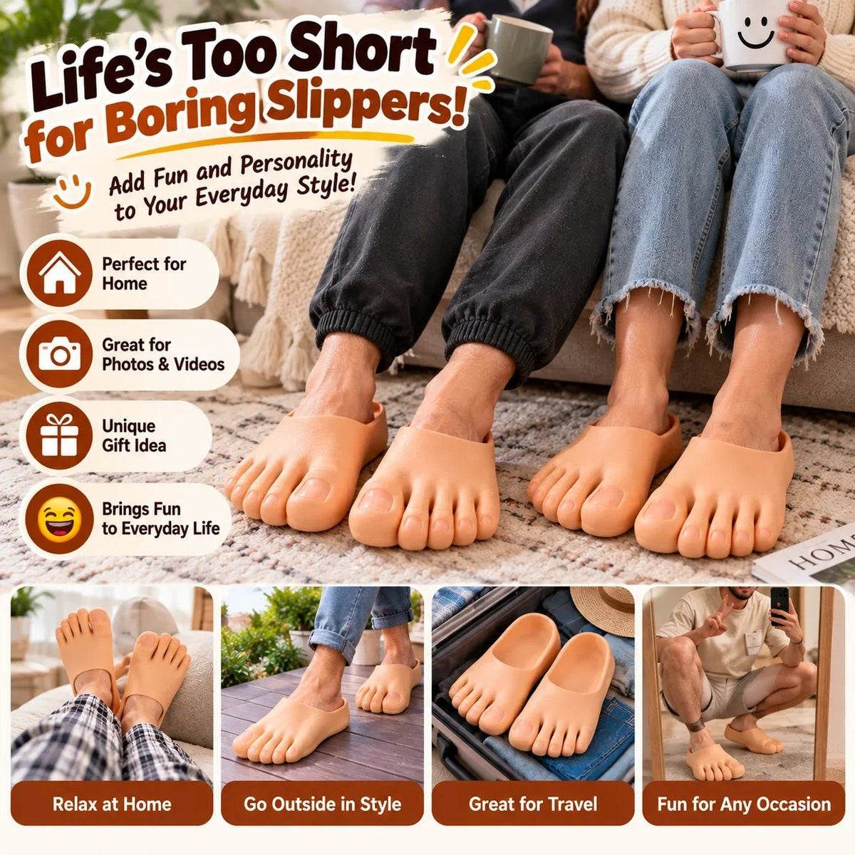😂 Pantoufles réalistes « pieds nus » – Pantoufles rigolotes à orteils géants, cadeau farce hilarant 👣