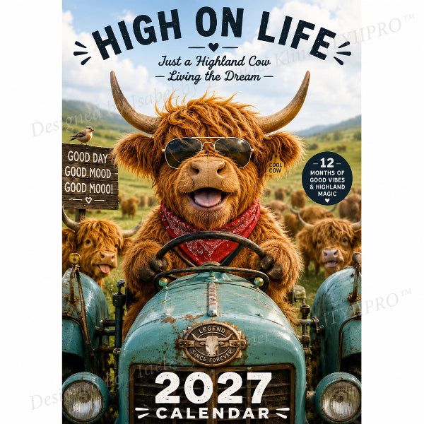 Calendrier mural humoristique « Highland Cow » 2027, format A4
