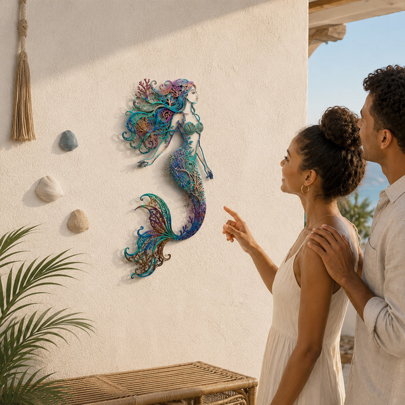 🧜Fresque murale « Deep Sea Mermaid Dream » – 🌊 Décoration murale vintage en métal ajouré sur le thème de l'océan