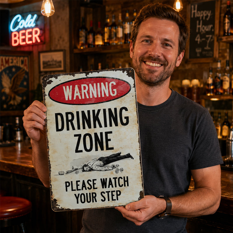 Panneau métallique vintage de bar avec avertissement humoristique « Zone de consommation d'alcool » 🍻🚧