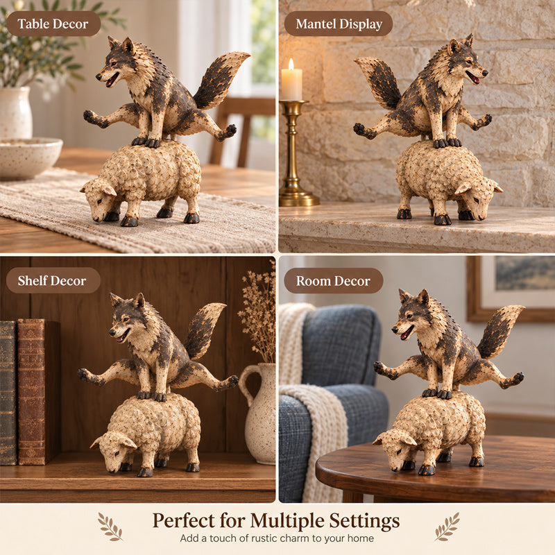 🐺Figurine amusante représentant un loup chevauchant un mouton🐑 | Statue d'animal de style rustique et champêtre
