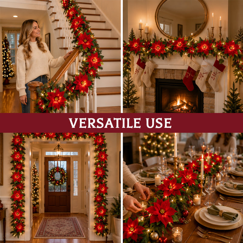😍 🎄 Guirlande lumineuse « Étoile de Noël » – Guirlande LED de 2 m aux couleurs chaudes, ornée de fleurs rouges et de feuilles de houx
