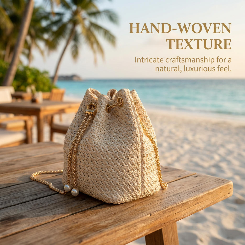 Sac seau en paille tressée avec chaîne à cordon pour femme  – Nouveau style d'été, navette, style coréen, sac à bandoulière uni simple