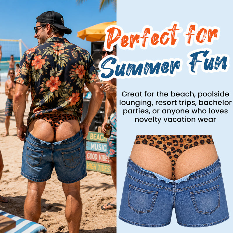 Short de bain fantaisie en faux denim à imprimé léopard | Short de plage fantaisie à effet d'illusion