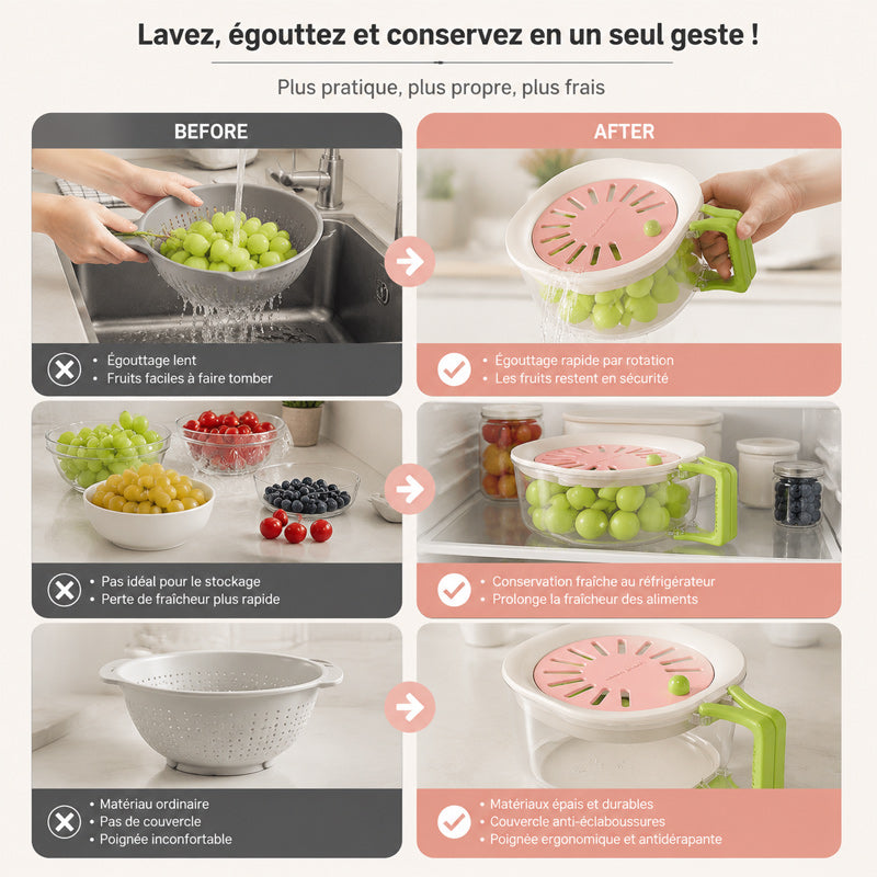 Panier de drainage télescopique multifonctionnel 2-en-1 pour fruits et légumes