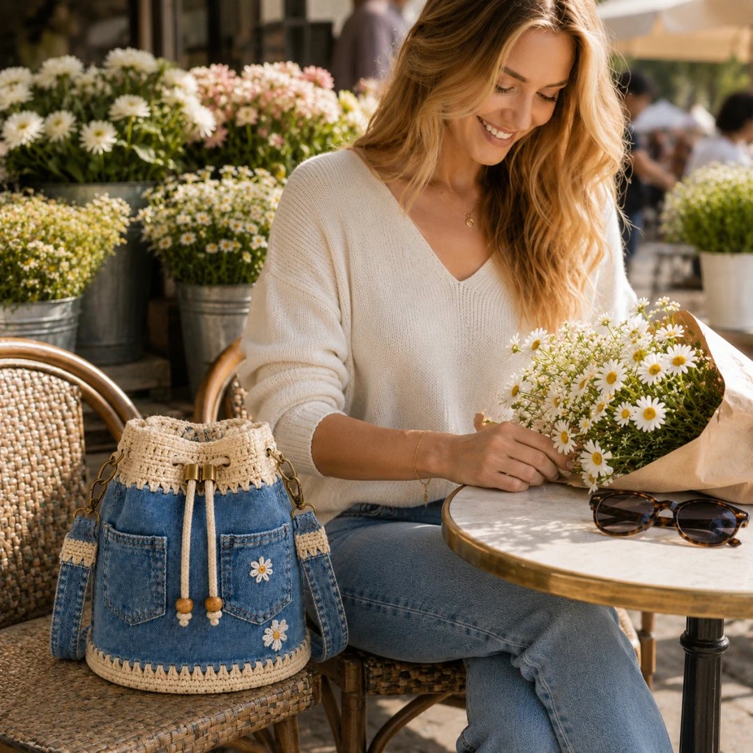 🔥PROMOTION EXCEPTIONNELLE : 50 % DE RÉDUCTION✨👜Sac seau en denim au crochet