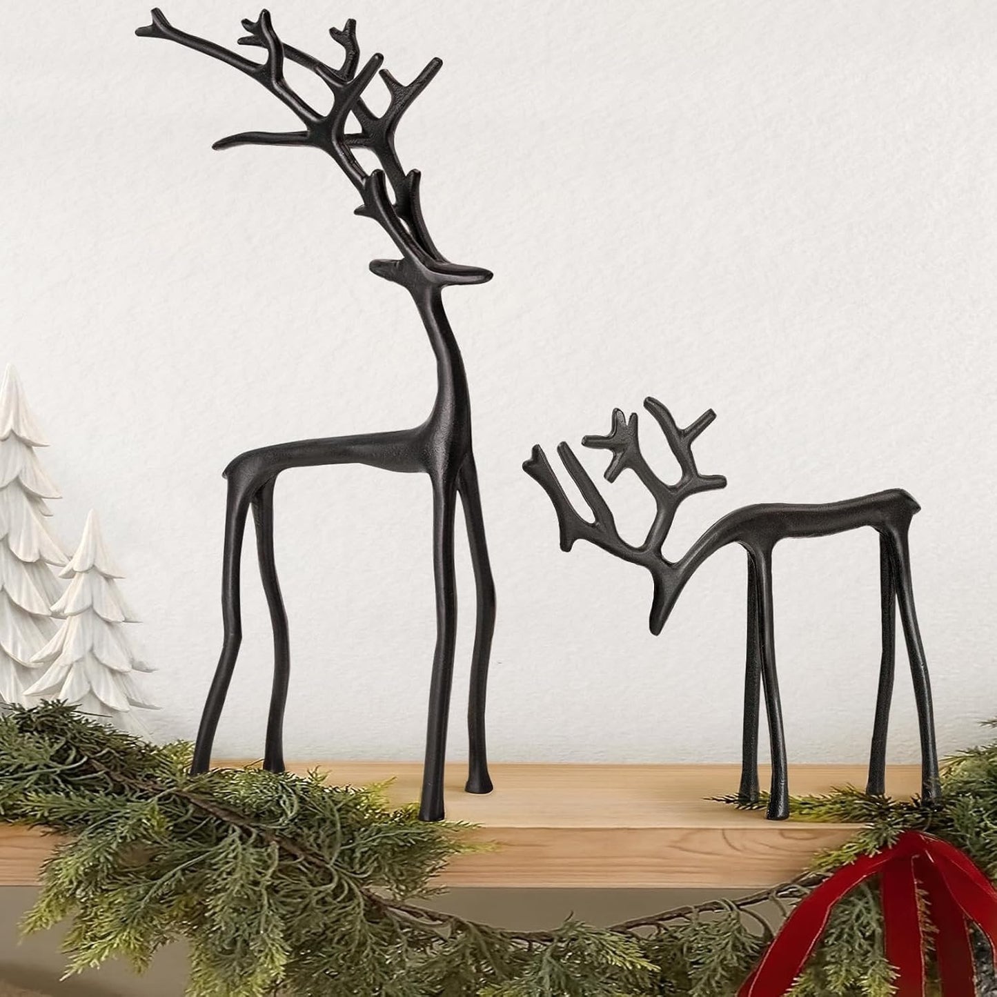 🎅Meilleures ventes de Noël 🦌Ensemble de 2 statues de rennes noirs pour décorations de Noël