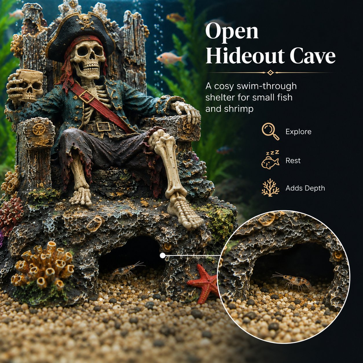 🌊☠️Décoration pour aquarium : grotte-repaire avec trône de squelette de pirate sous-marin