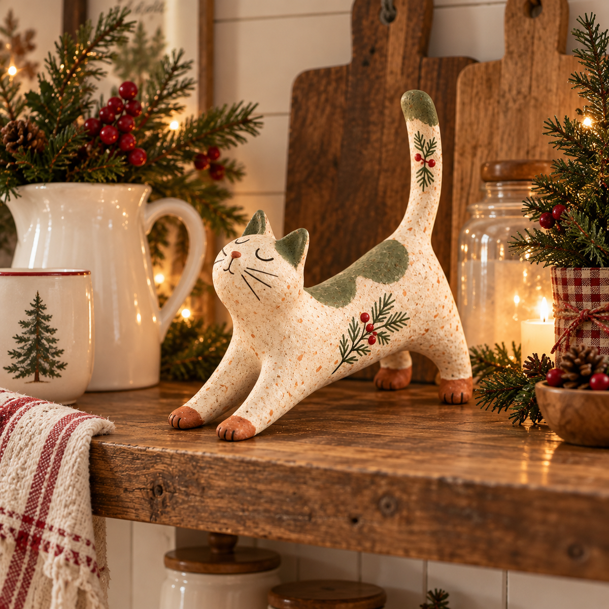Figurine de chat de Noël sur le thème de la forêt