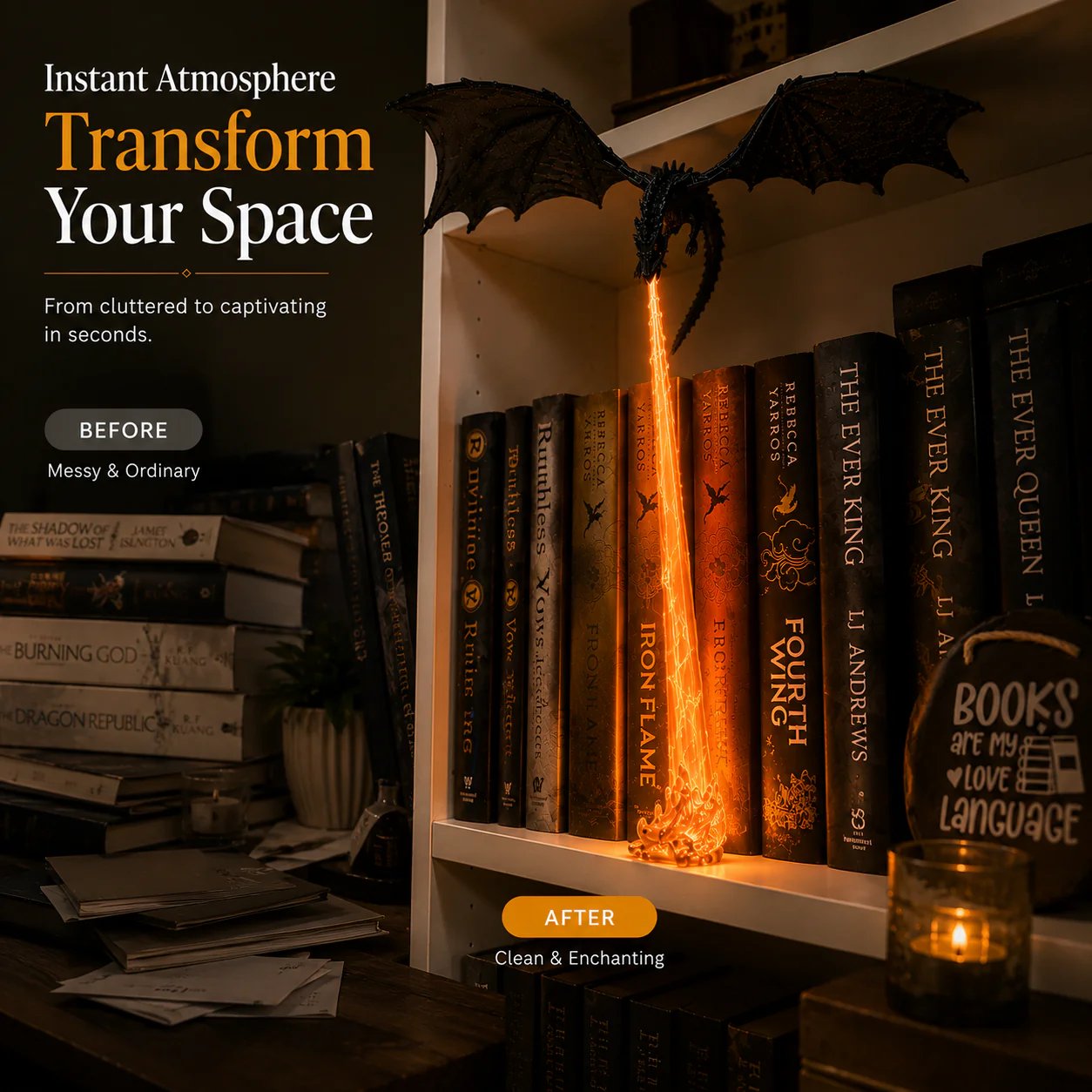 🐉Lampe décorative en forme de dragon cracheur de feu pour étagère + kit d'éclairage LED « flammes »