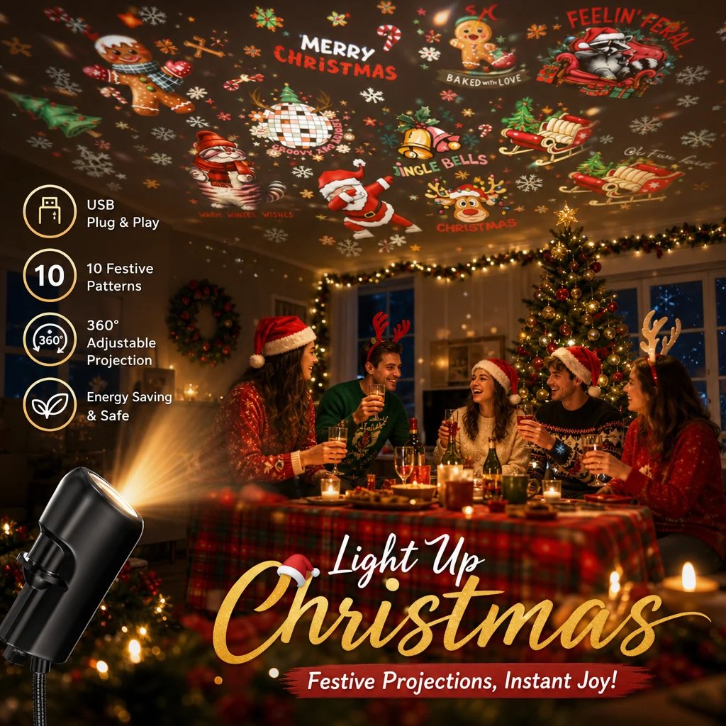 Projecteur de Noël HD « Plug-&-Play » – 6 ou 10 scènes festives