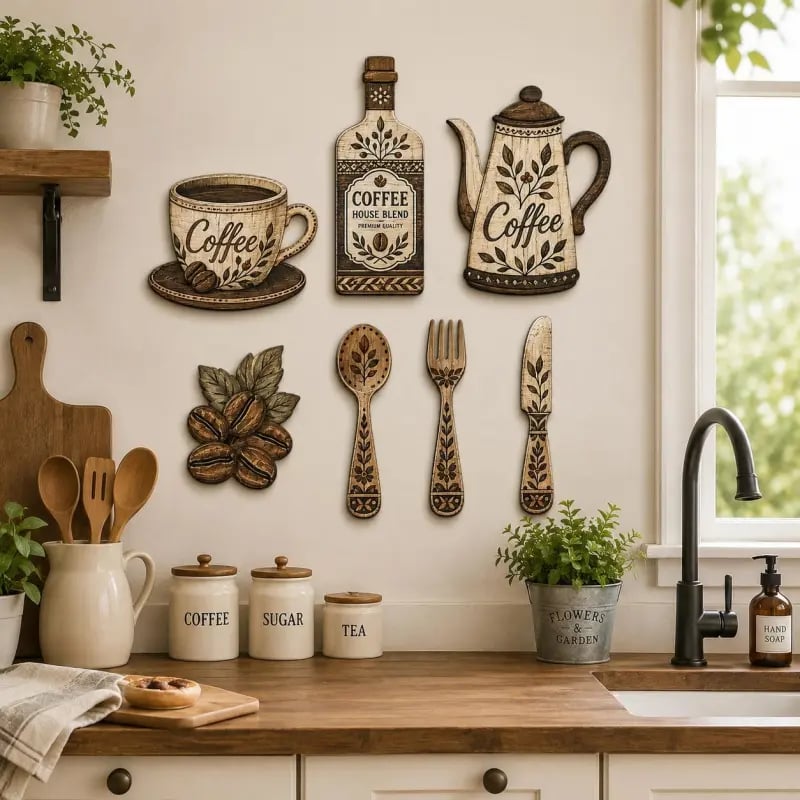 ☕Lot de 7 décorations murales en bois sur le thème du café pour la cuisine – Décor mural vintage de style fermier sur le thème du café