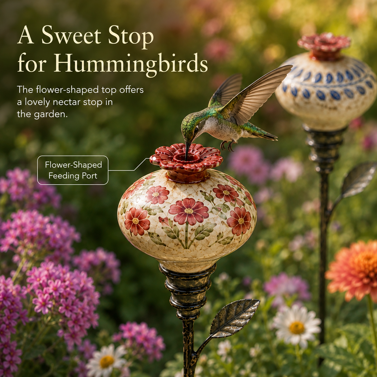 Piquet de jardin vintage en céramique avec mangeoire pour colibris