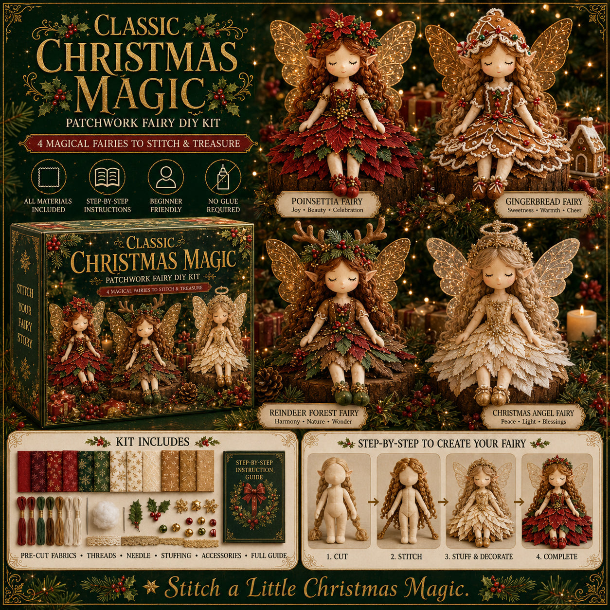 ✨ Kit de bricolage « Fée en patchwork : la magie de Noël »