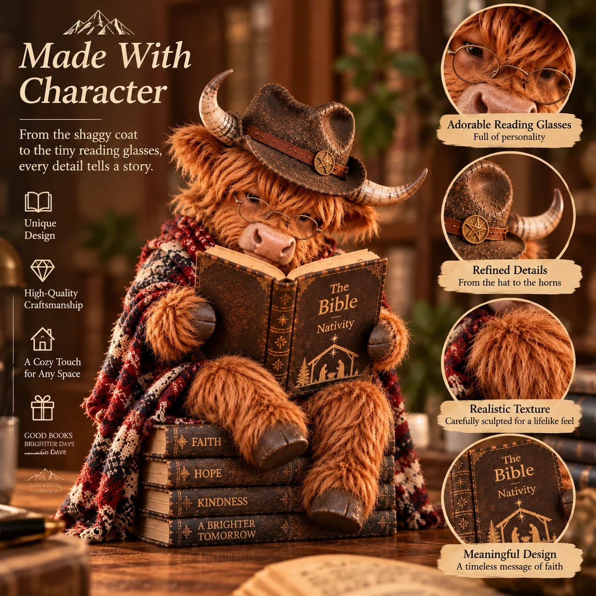 ⏳ Dernier jour : 49 % de réduction – 🐮 Figurine « Highland Cow Christmas Reader » – Cadeau pour les passionnés de lecture, inspiré par la foi