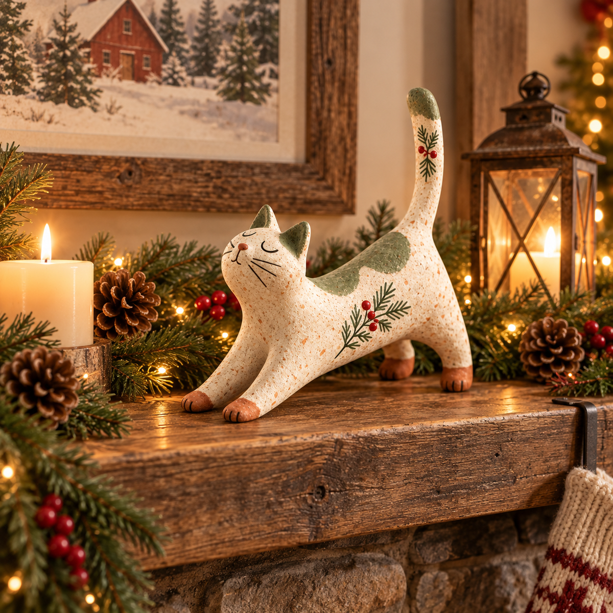 Figurine de chat de Noël sur le thème de la forêt