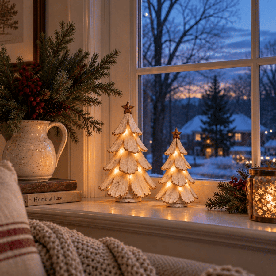 🎄✨ Figurine vintage de sapin de Noël illuminé — Décoration de Noël en céramique avec LED chaleureuses