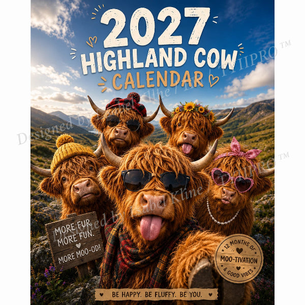 Calendrier mural humoristique « Highland Cow » 2027, format A4