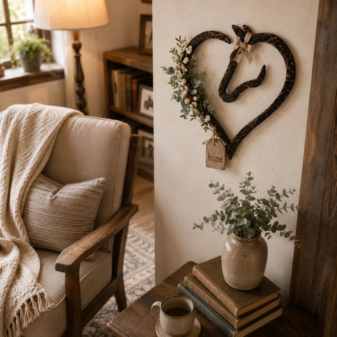 Décoration murale rustique en forme de cœur de cheval avec de la verdure – Objet de décoration pour la maison dans un style fermier et équestre