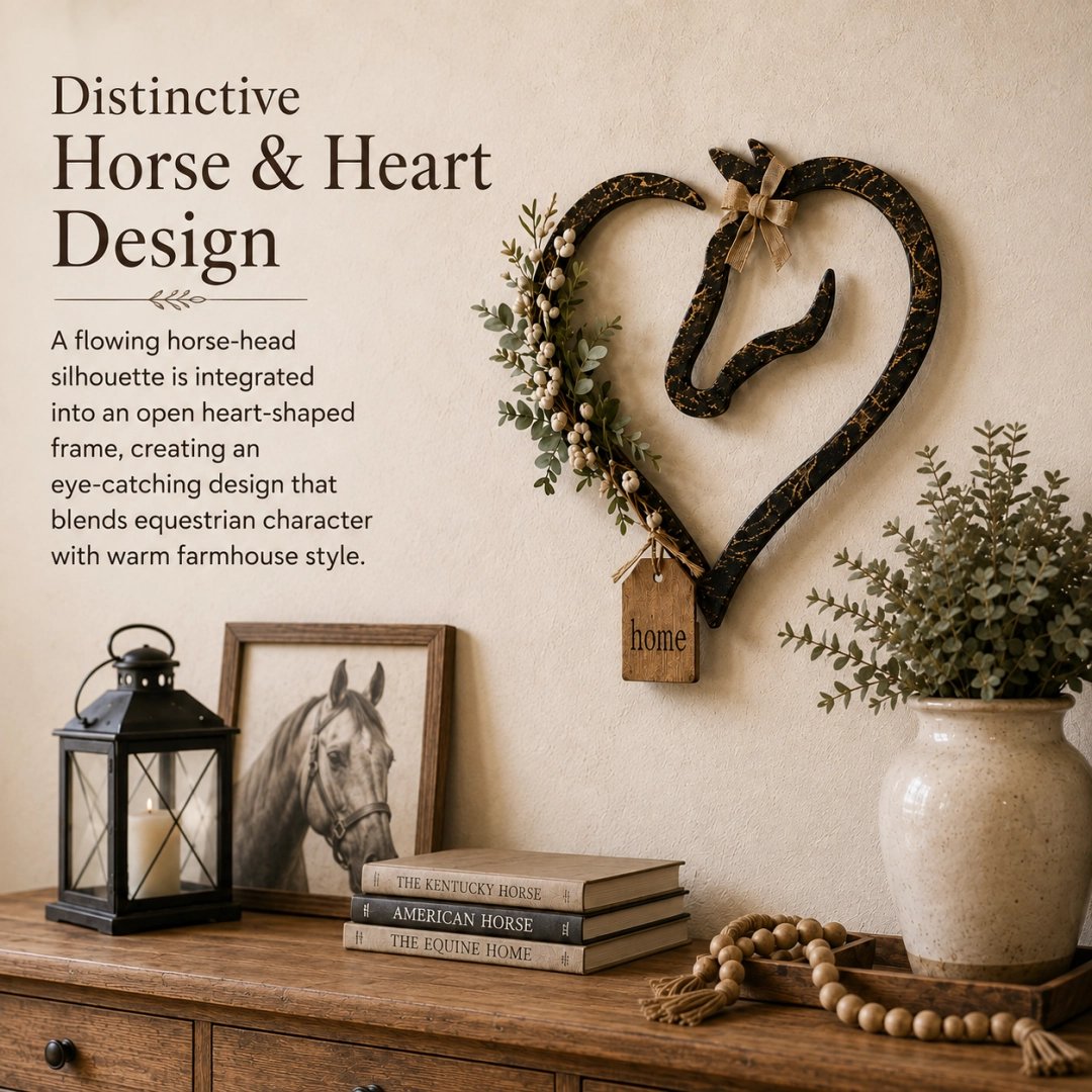 Décoration murale rustique en forme de cœur de cheval avec de la verdure – Objet de décoration pour la maison dans un style fermier et équestre
