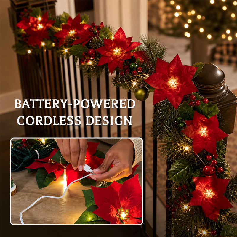 😍 🎄 Guirlande lumineuse « Étoile de Noël » – Guirlande LED de 2 m aux couleurs chaudes, ornée de fleurs rouges et de feuilles de houx