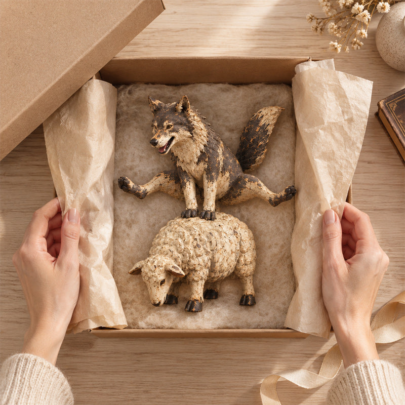 🐺Figurine amusante représentant un loup chevauchant un mouton🐑 | Statue d'animal de style rustique et champêtre