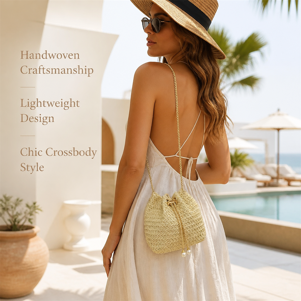 Sac seau en paille tressée avec chaîne à cordon pour femme  – Nouveau style d'été, navette, style coréen, sac à bandoulière uni simple