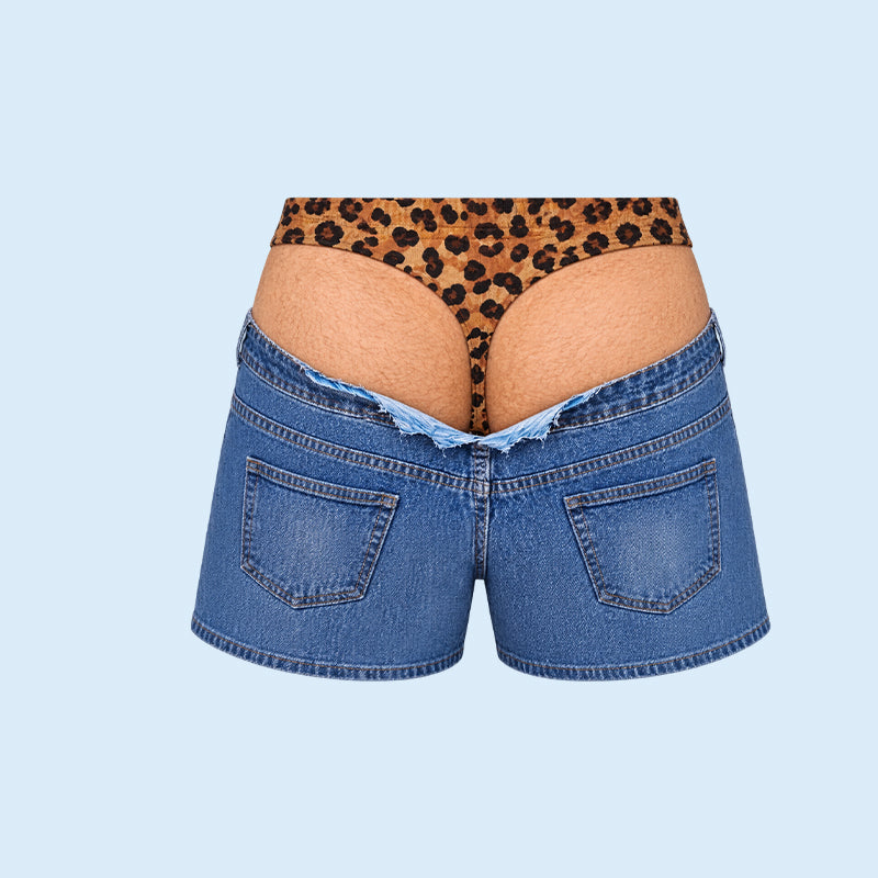 Short de bain fantaisie en faux denim à imprimé léopard | Short de plage fantaisie à effet d'illusion