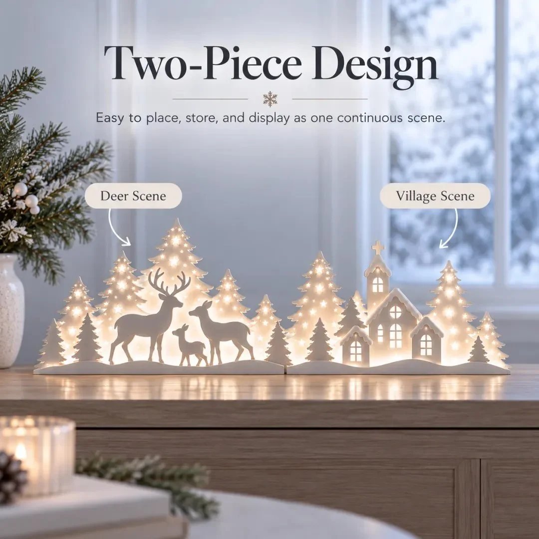 🦌 Décorations de Noël lumineuses pour la fenêtre – rennes et village | Lot de 2 décorations LED ✨