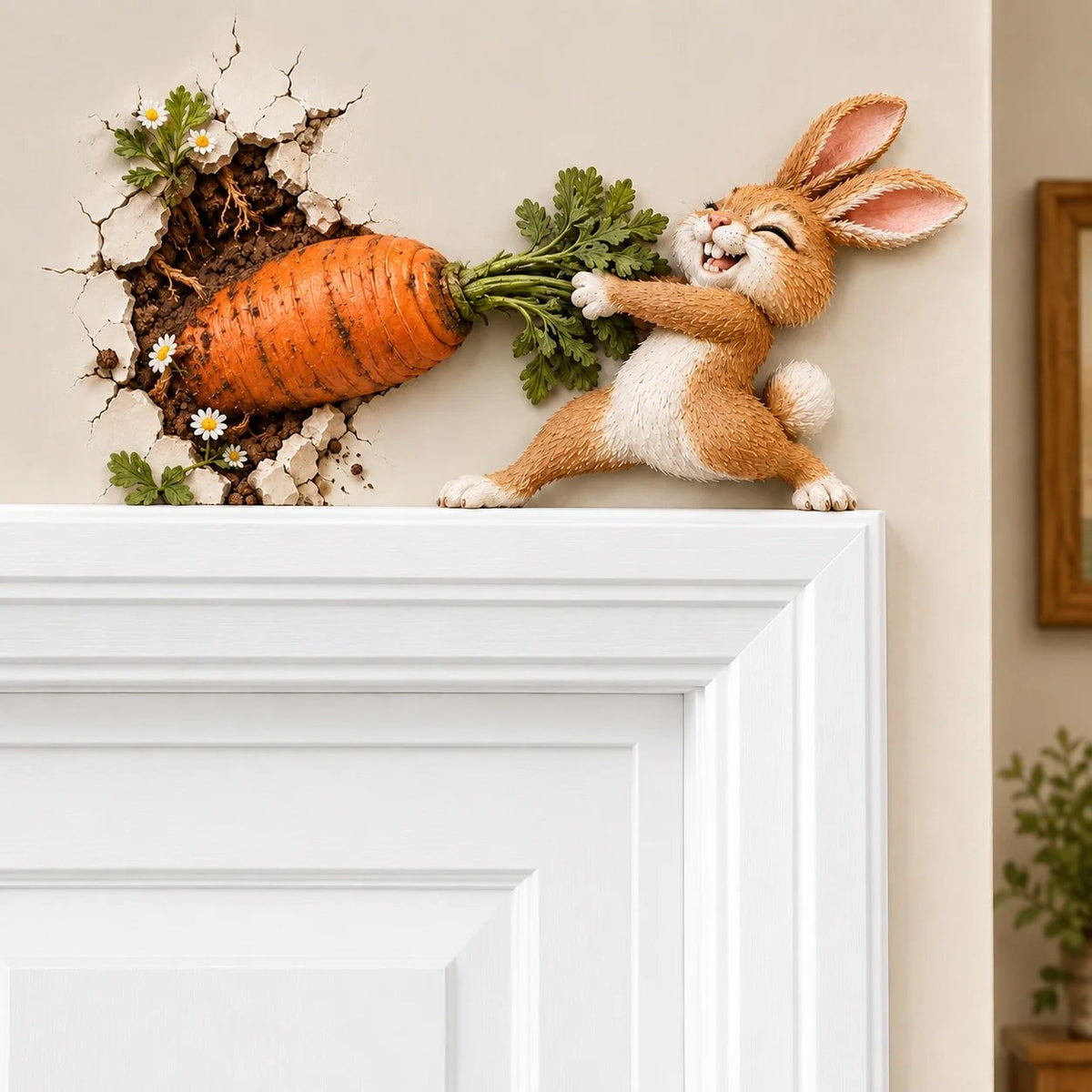 🐰🥕 Décoration murale « Lapin rigolo tirant une carotte » — Décoration de Pâques et du printemps en bois en 3D, à fixer en saillie sur le mur