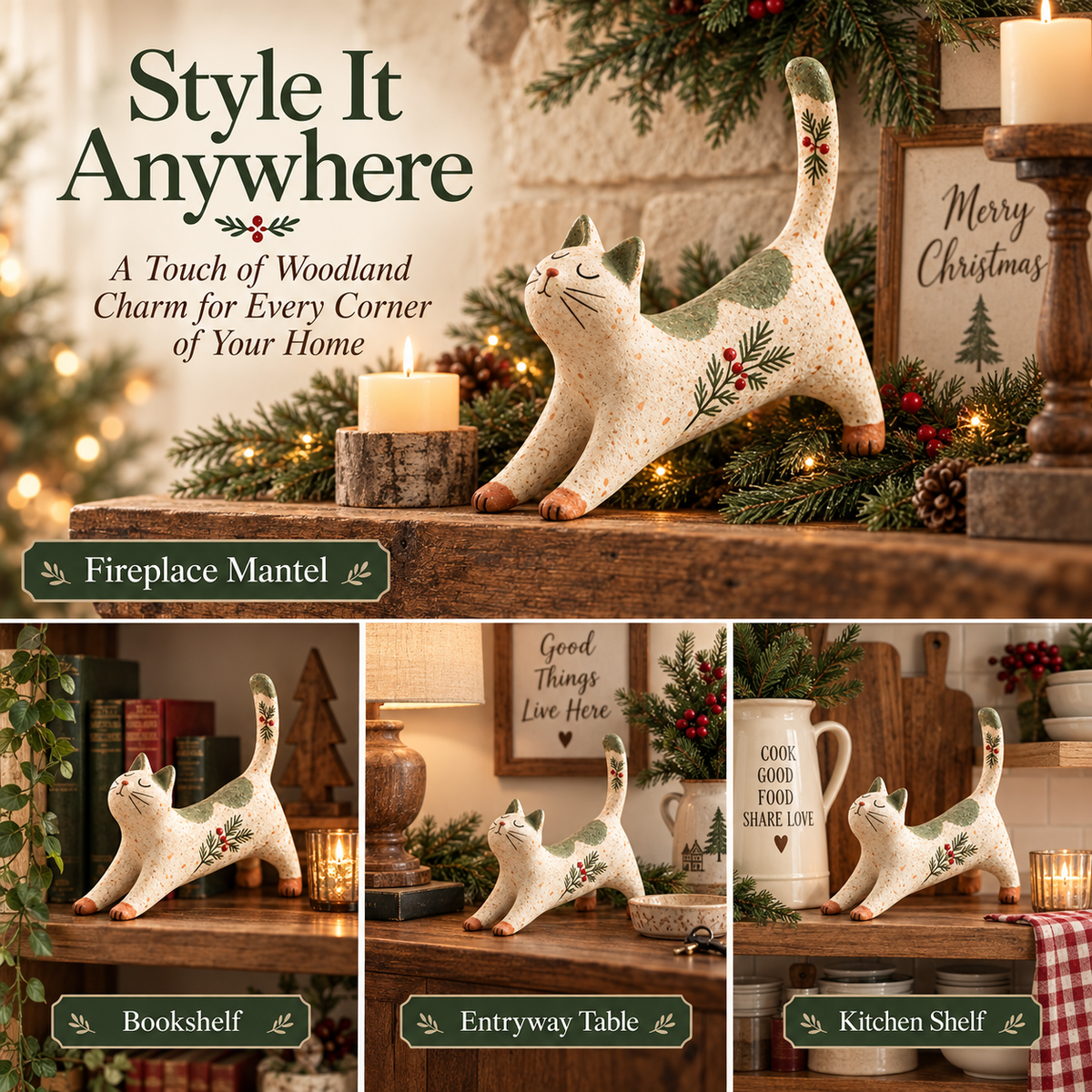 Figurine de chat de Noël sur le thème de la forêt
