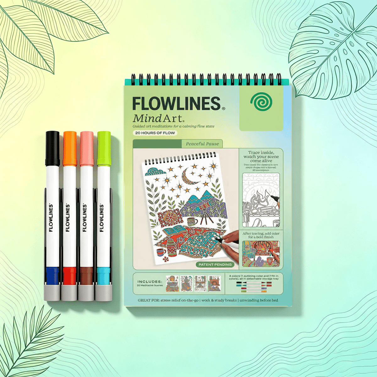 🌿  Cahier de coloriage « Flow Art » avec instructions et feutres double face 🎨