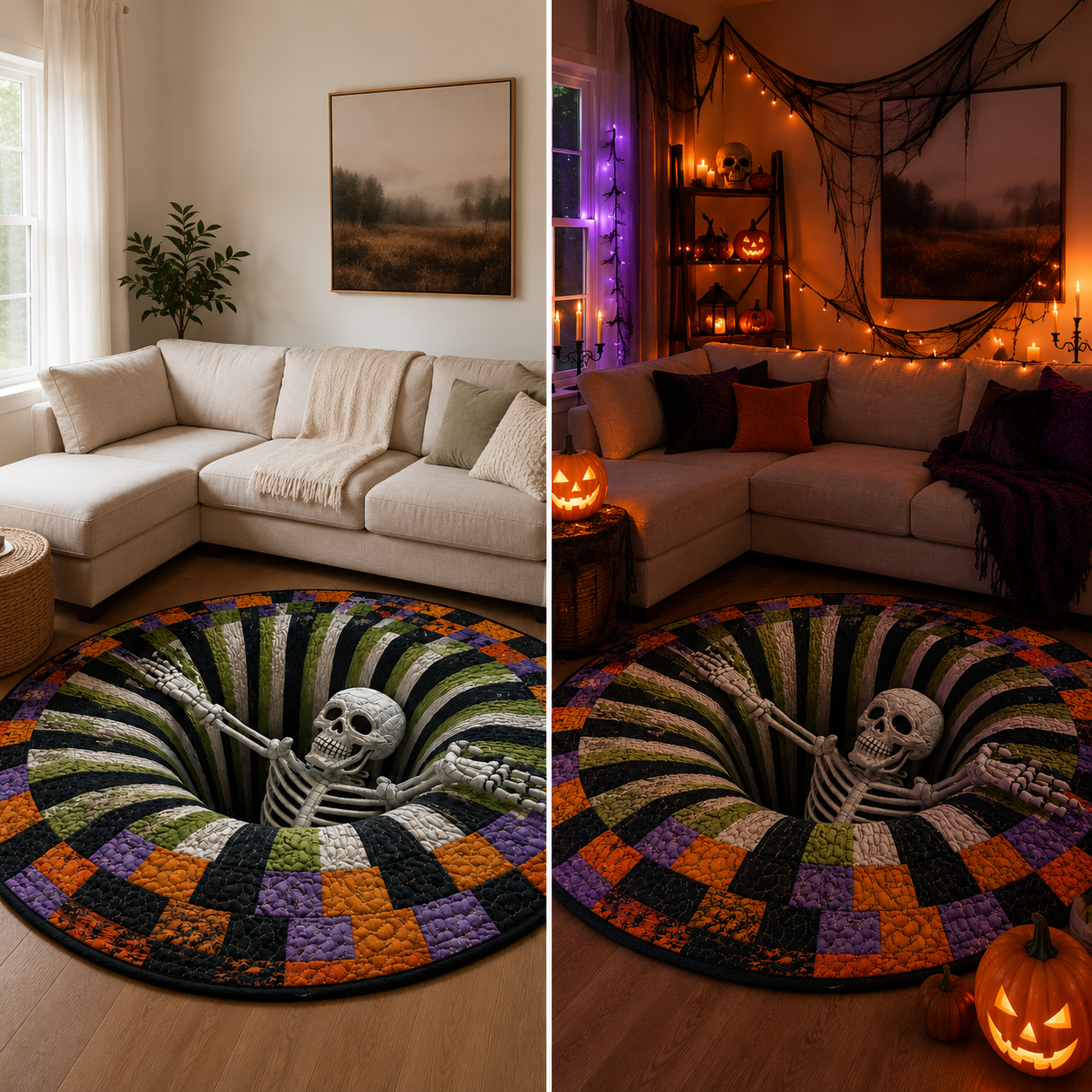 Tapis rond matelassé 3D avec motif de tourbillon de squelettes
