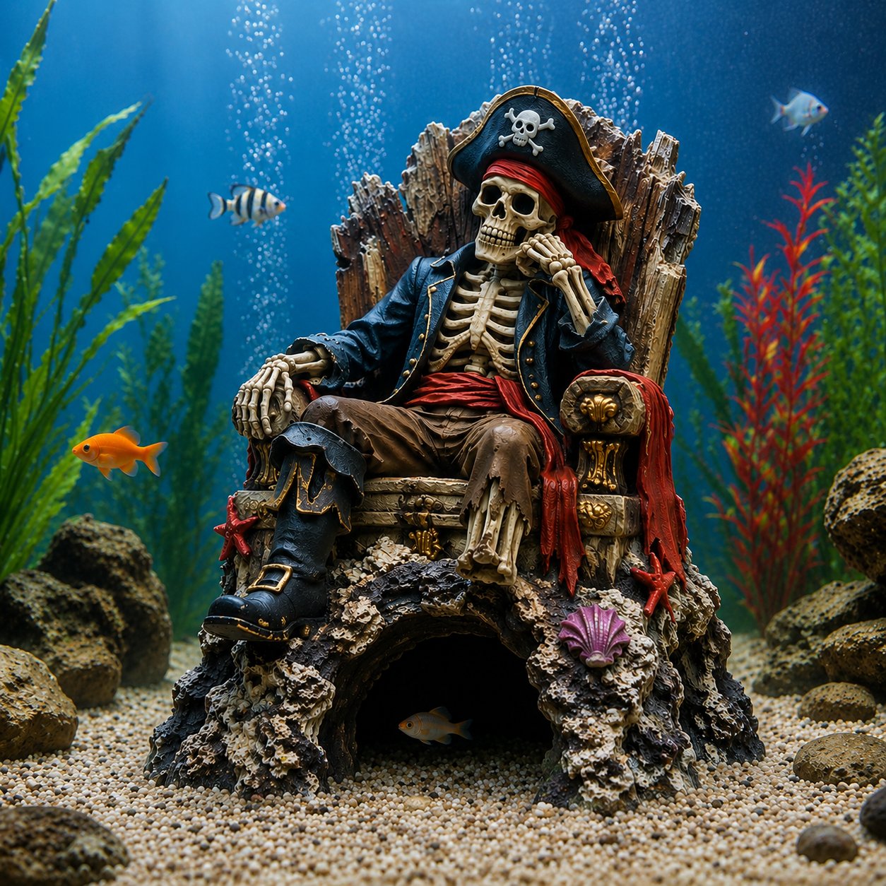 🌊☠️Décoration pour aquarium : grotte-repaire avec trône de squelette de pirate sous-marin
