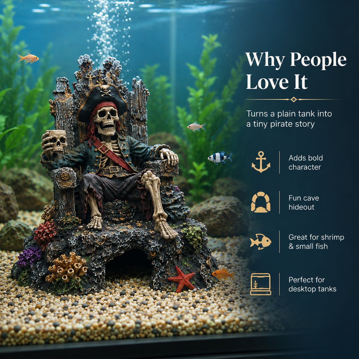 🌊☠️Décoration pour aquarium : grotte-repaire avec trône de squelette de pirate sous-marin
