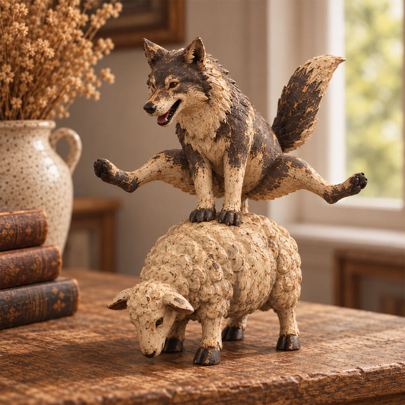 🐺Figurine amusante représentant un loup chevauchant un mouton🐑 | Statue d'animal de style rustique et champêtre
